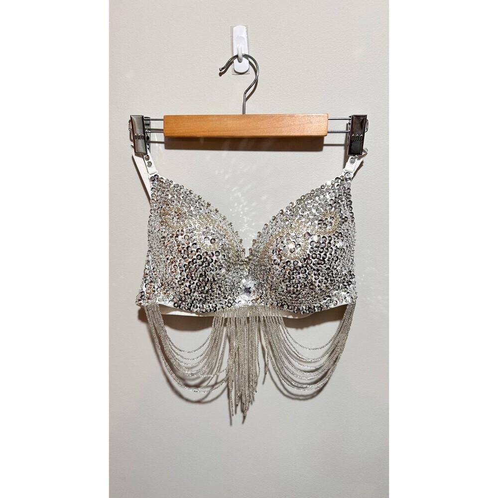 Sequin Bra with Rhinestone Glitter Silver Chain Fringe.